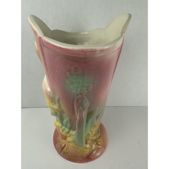 VTG Hull Pink/Yellow 9" Pottery USA 85 Bird Crane Hibiscus Flower Vase - Picture 5 of 7